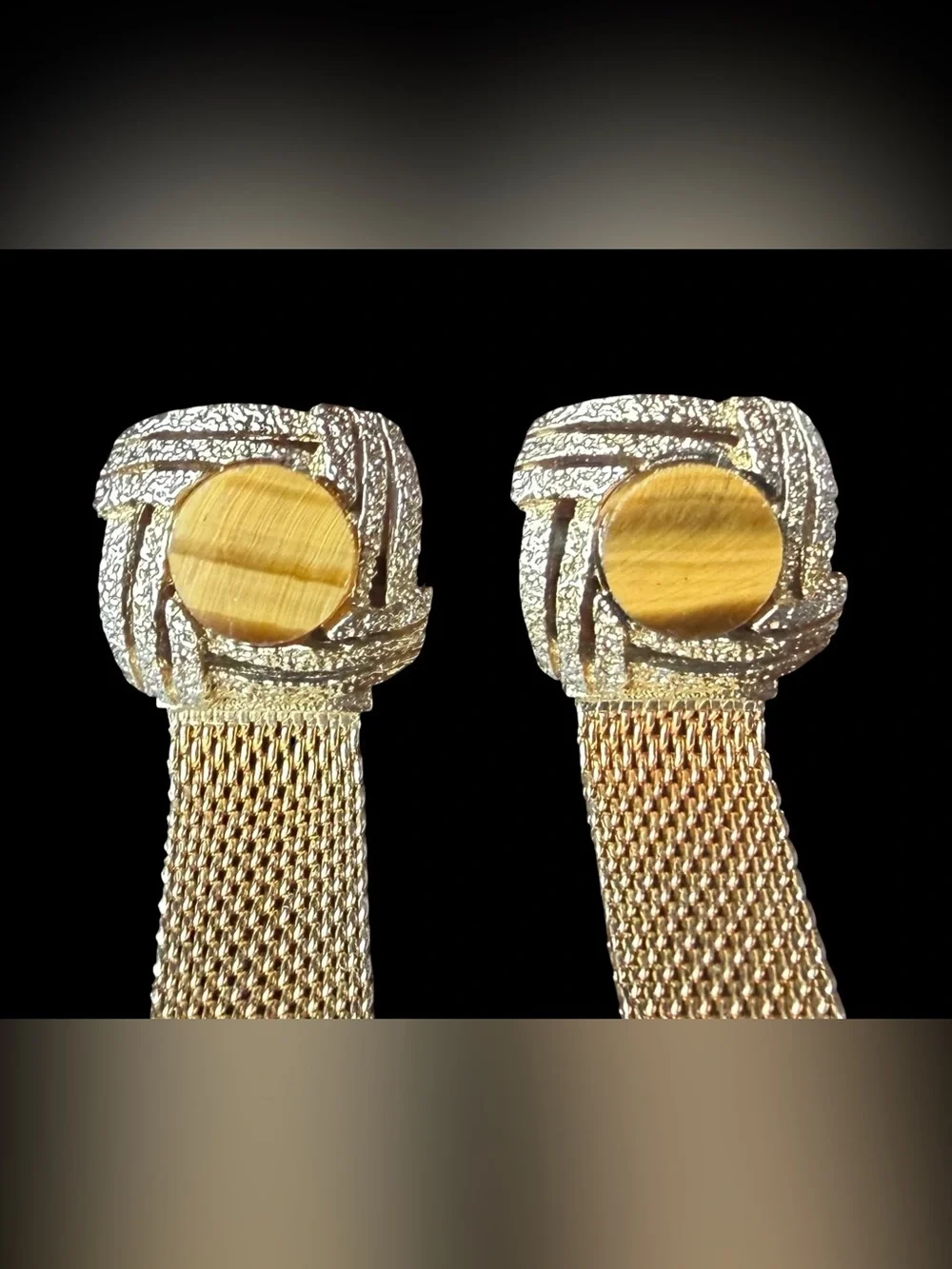 Mid Century Vintage Cuff Links w/ Tiger Eye Gemstones & Mesh Band